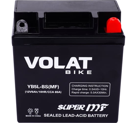 Изображение товара Мотоаккумулятор 12V 5Ah YB5L-BS(MF) R+ для мотоцикла, мопеда и скутера, гидроцикла, квадроцикла, снегохода 119х60х129 Volat YB5L-BS(MF)