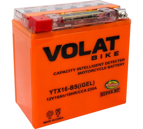 Изображение товара Мотоаккумулятор 12V 16Ah YTX16-BS(iGEL) L+ для мотоцикла, скутера, гидроцикла, квадроцикла, снегохода и генератора 150x87x161 Volat YTX16-BS(iGEL)