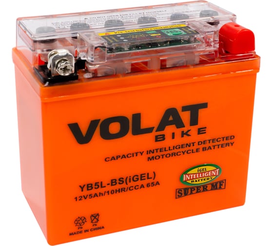Изображение товара Мотоаккумулятор 12V 5Ah YB5L-BS(iGEL) R+ для мотоцикла, мопеда и скутера, гидроцикла, квадроцикла, снегохода 119х60х129 Volat YB5L-BS(iGEL)