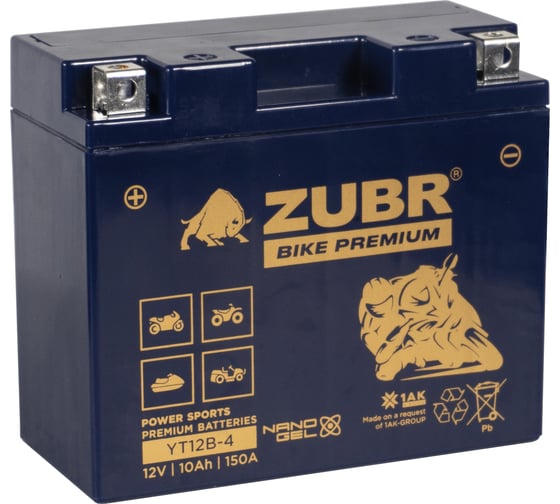 Изображение товара Мотоаккумулятор 12V 10 Ah BIKE PREMIUM YT12B-4 L+ для мотоцикла, скутера, гидроцикла, квадроцикла, снегохода и генератора 150x69x130 ZUBR YT12B-4