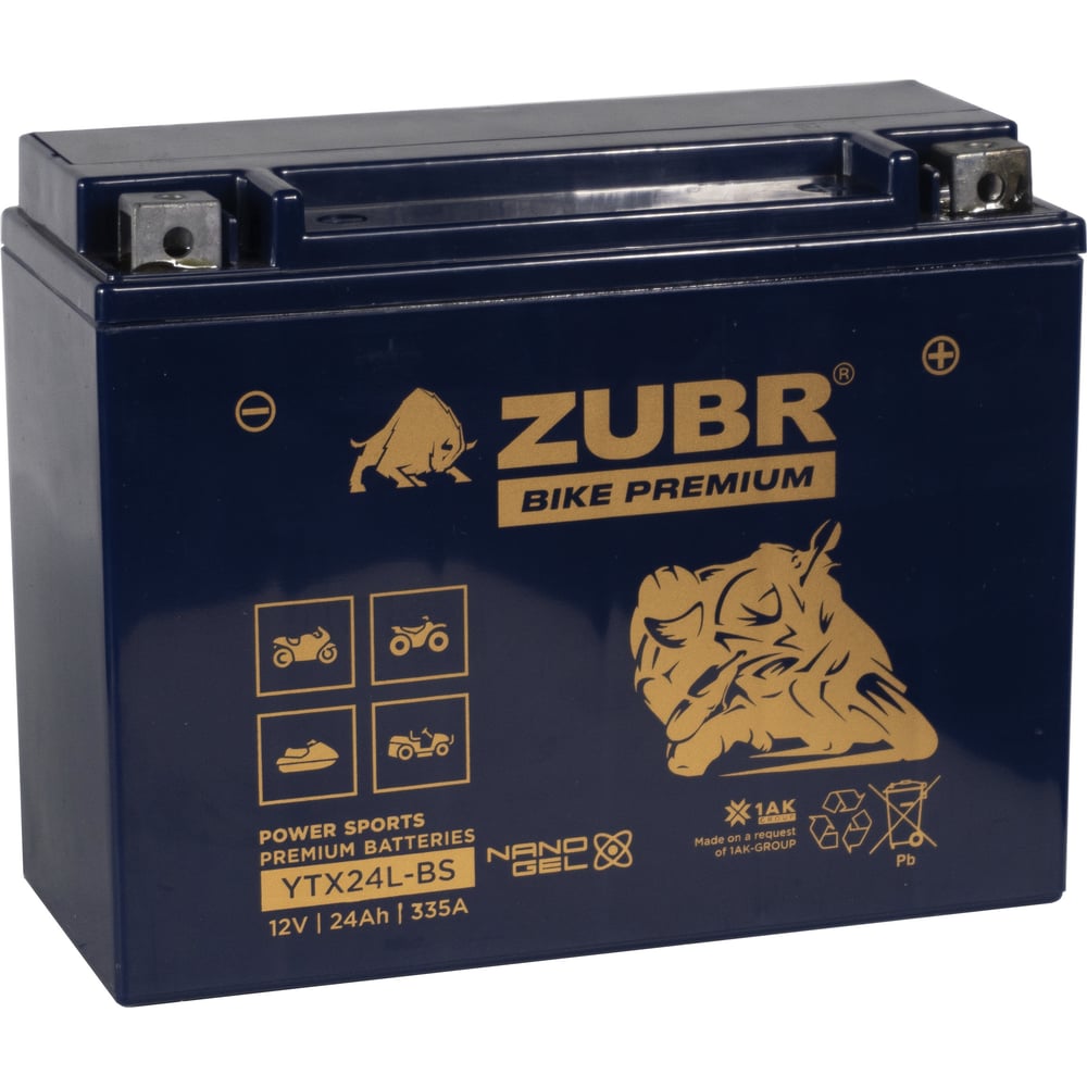 Изображение товара Аккумуляторная батарея ZUBR Мотоаккумулятор 12V 24 Ah BIKE PREMIUM YTX24L-BS R+, для мотоцикла, скутера, гидроцикла, квадроцикла, снегохода и генератора 205x87x162 YTX24L-BS (ZubrPrem)