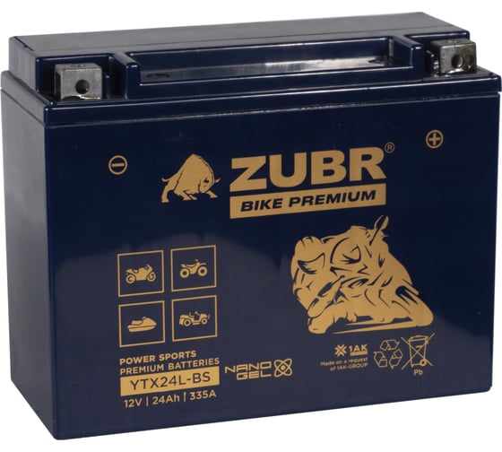 Изображение товара Мотоаккумулятор 12V 24 Ah BIKE PREMIUM YTX24L-BS R+ для мотоцикла, скутера, гидроцикла, квадроцикла, снегохода и генератора 205x87x162 ZUBR YTX24L-BS