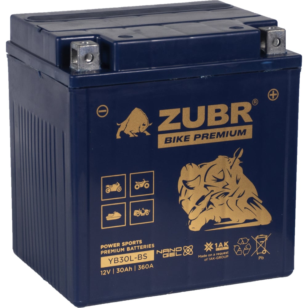 Изображение товара Аккумулятор ZUBR 12V 30 Ah BIKE PREMIUM YB30L-BS R+ для мотоциклов и скутеров
