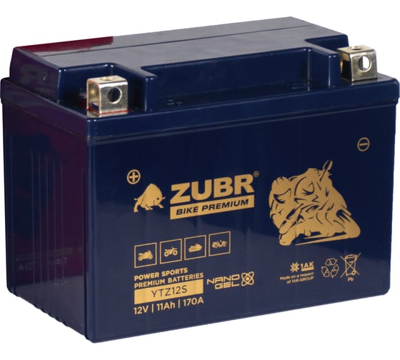 Изображение товара Мотоаккумулятор 12V 11 Ah BIKE PREMIUM YTZ12S L+ для мотоцикла, скутера, гидроцикла, квадроцикла, снегохода и генератора 150x86x110 ZUBR YTZ12S