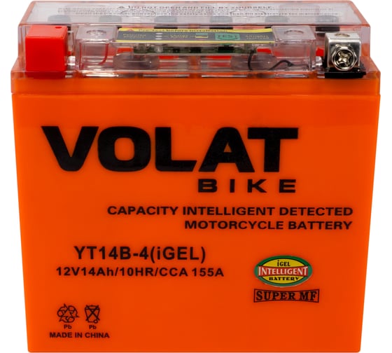 Изображение товара Мотоаккумулятор 12V 14Ah YT14B-4(iGEL) L+ для мотоцикла, скутера, гидроцикла, квадроцикла, снегохода и генератора 150x70x145 Volat YT14B-4(iGEL)