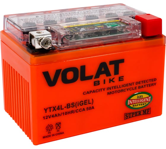 Изображение товара Мотоаккумулятор 12V 4Ah YTX4L-BS(iGEL) R+ для мотоцикла, мопеда и скутера, гидроцикла, квадроцикла, снегохода 113x70x85 Volat YTX4L-BS(iGEL)