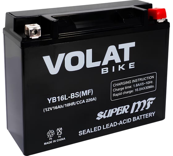 Изображение товара Мотоаккумулятор 12V 16Ah YB16L-BS(MF) R+ для мотоцикла, скутера, гидроцикла, квадроцикла, снегохода и генератора 205x70x162 Volat YB16L-BS(MF)