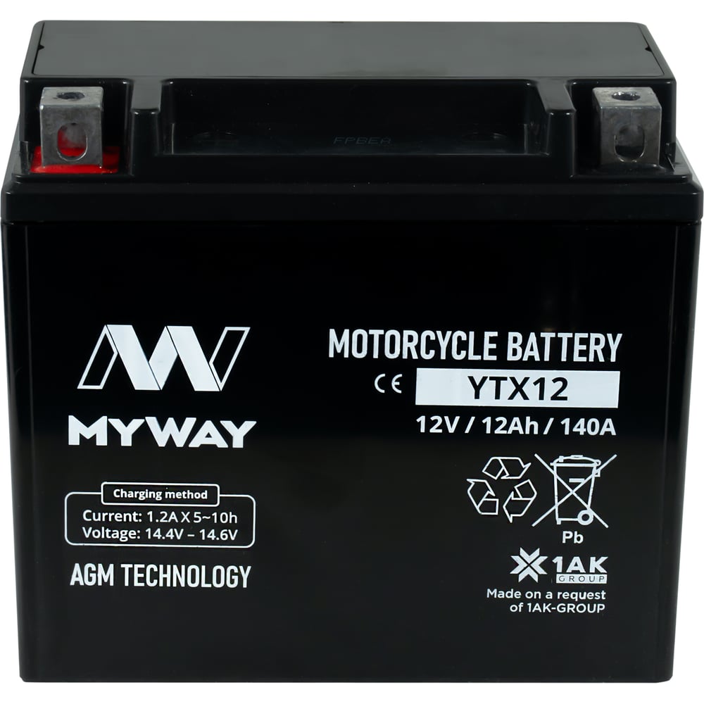 Изображение товара Аккумулятор MYWAY YTX12 AGM свинцово-кислотный 12 А*ч 140 А для мотоциклов
