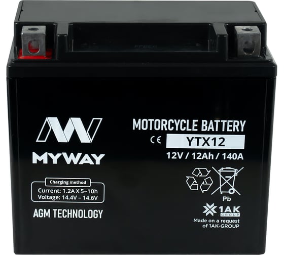 Изображение товара Мотоаккумулятор 12V 12Ah YTX12 L+ для мотоцикла, скутера, гидроцикла, квадроцикла, снегохода и генератора 150x86x130 MYWAY BIKE YTX12