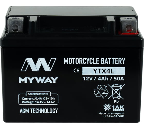 Изображение товара Мотоаккумулятор 12V 4Ah YTX4L R+ для мотоцикла, мопеда и скутера, гидроцикла, квадроцикла, снегохода 113x70x86 MYWAY BIKE YTX4L