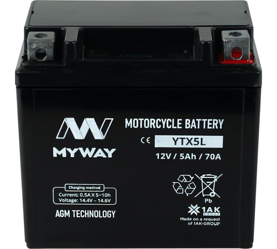 Изображение товара Мотоаккумулятор 12V 5Ah YTX5L R+ для мотоцикла, мопеда и скутера, гидроцикла, квадроцикла, снегохода 113x70x107 MYWAY BIKE YTX5L
