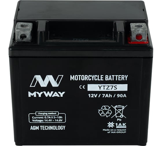 Изображение товара Мотоаккумулятор 12V 7Ah YTZ7S для мотоцикла, мопеда и скутера, гидроцикла, квадроцикла, снегохода 113x70x104 MYWAY BIKE YTZ7S