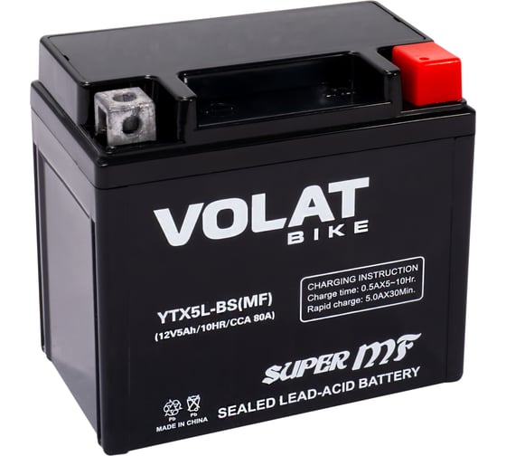 Изображение товара Мотоаккумулятор 12V 5Ah YTX5L-BS(MF) R+ для мотоцикла, мопеда и скутера, гидроцикла, квадроцикла, снегохода 113x70x106 Volat YTX5L-BS(MF)