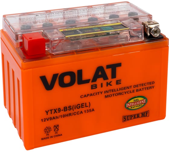 Изображение товара Мотоаккумулятор 12V 9Ah YTX9-BS(iGEL) L+ для мотоцикла, скутера, гидроцикла, квадроцикла, снегохода и генератора 150x87x107 Volat YTX9-BS(iGEL)