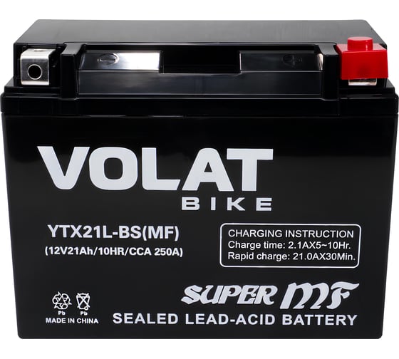 Изображение товара Мотоаккумулятор 12V 21Ah YTX21L-BS(MF) R+ для мотоцикла, скутера, гидроцикла, квадроцикла, снегохода и генератора 205х90х159 Volat YTX21L-BS(MF)