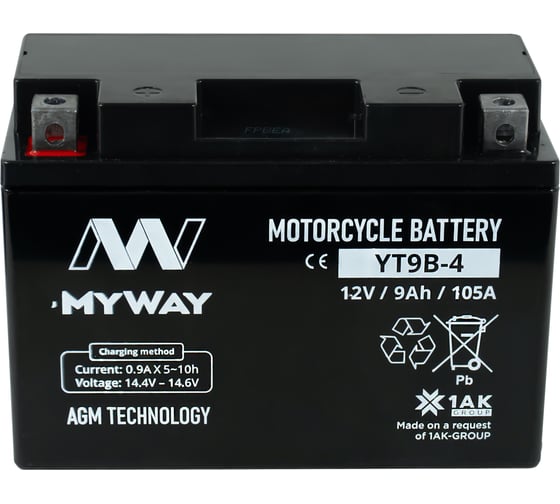Изображение товара Мотоаккумулятор 12V 8Ah YT9B-4 L+ для мотоцикла, мопеда и скутера, гидроцикла, квадроцикла, снегохода 150x70x105 MYWAY BIKE YT9B-4