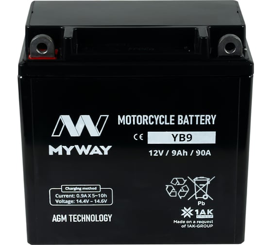 Изображение товара Мотоаккумулятор 12V 10Ah YB9 L+ для мотоцикла, скутера, гидроцикла, квадроцикла, снегохода и генератора 137x76x134 MYWAY BIKE YB9