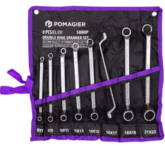 Изображение товара Ключи накидные, отогнутые на 75 градусов POMAGIER набор 8 предметов (6х7, 8х9, 10х11, 12х13, 14х15, 16х17, 18х19, 21х22мм) POM-5088P(63056)
