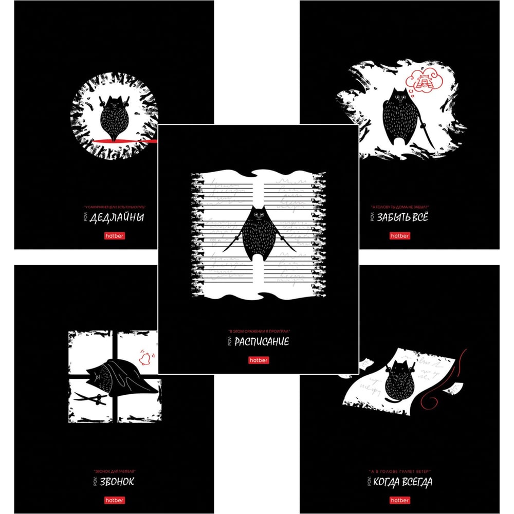 Изображение товара Тетрадь А5 48л скоба пластик черный Кот-самурай набор 5 шт.