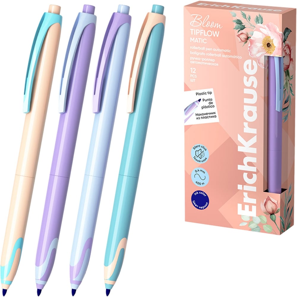 Изображение товара Ручка-роллер автоматическая ОФИСМАГ ERICH KRAUSE TipFlow Pastel Bloom, синяя, 12 шт., корпус ассорти, 0.4мм, 63705 144581