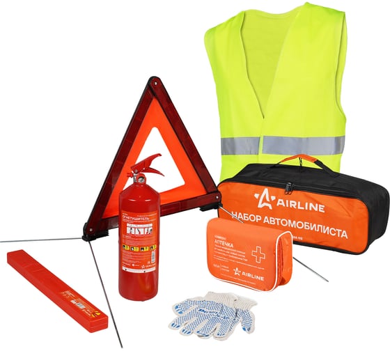 Изображение товара Набор автомобилиста AIRLINE Техосмотр-3, новый состав соотв. ПДД с 2024г.(аварийный знак, аптечка, огнетушитель, перчатки, жилет) ADCK001