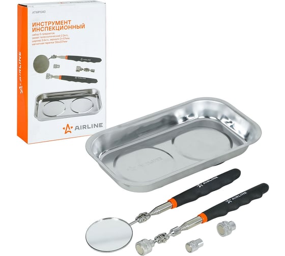 Изображение товара Инструмент инспекционный AIRLINE, набор 5 предметов, захват 2.2.кгc, шарнир 3.6кгc, зеркало D=50мм, магнит.тарелка 136х237мм ATMP040