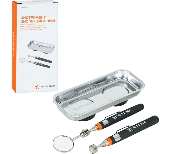 Изображение товара Инструмент инспекционный AIRLINE, набор 3 предмета, захват телеск. 2.2кгс, зеркало телеск. D=30мм, магнит.тарелка 65х150мм ATMP035