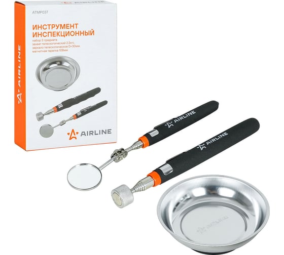Изображение товара Инструмент инспекционный AIRLINE, набор 3 предмета, захват телеск. 2.2кгс, зеркало телеск. D=30мм, магнит.тарелка 108мм ATMP037