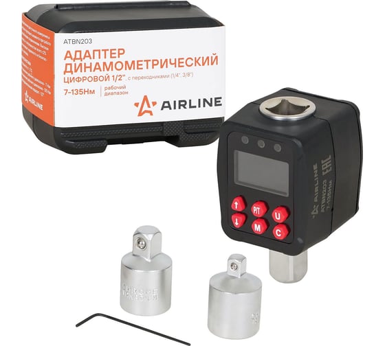 Изображение товара Адаптер динамометрический цифровой AIRLINE 1/2 7-135Нм, с переходниками,1/4, 3/8, кейс ATBN203