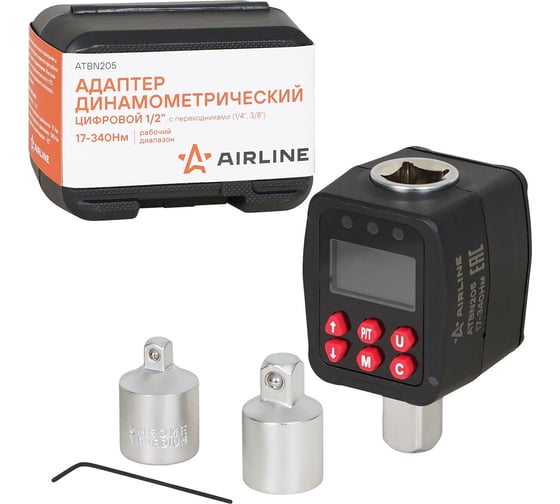 Изображение товара Адаптер динамометрический цифровой AIRLINE 1/2 17-340Нм, с переходниками,1/4, 3/8, кейс ATBN205