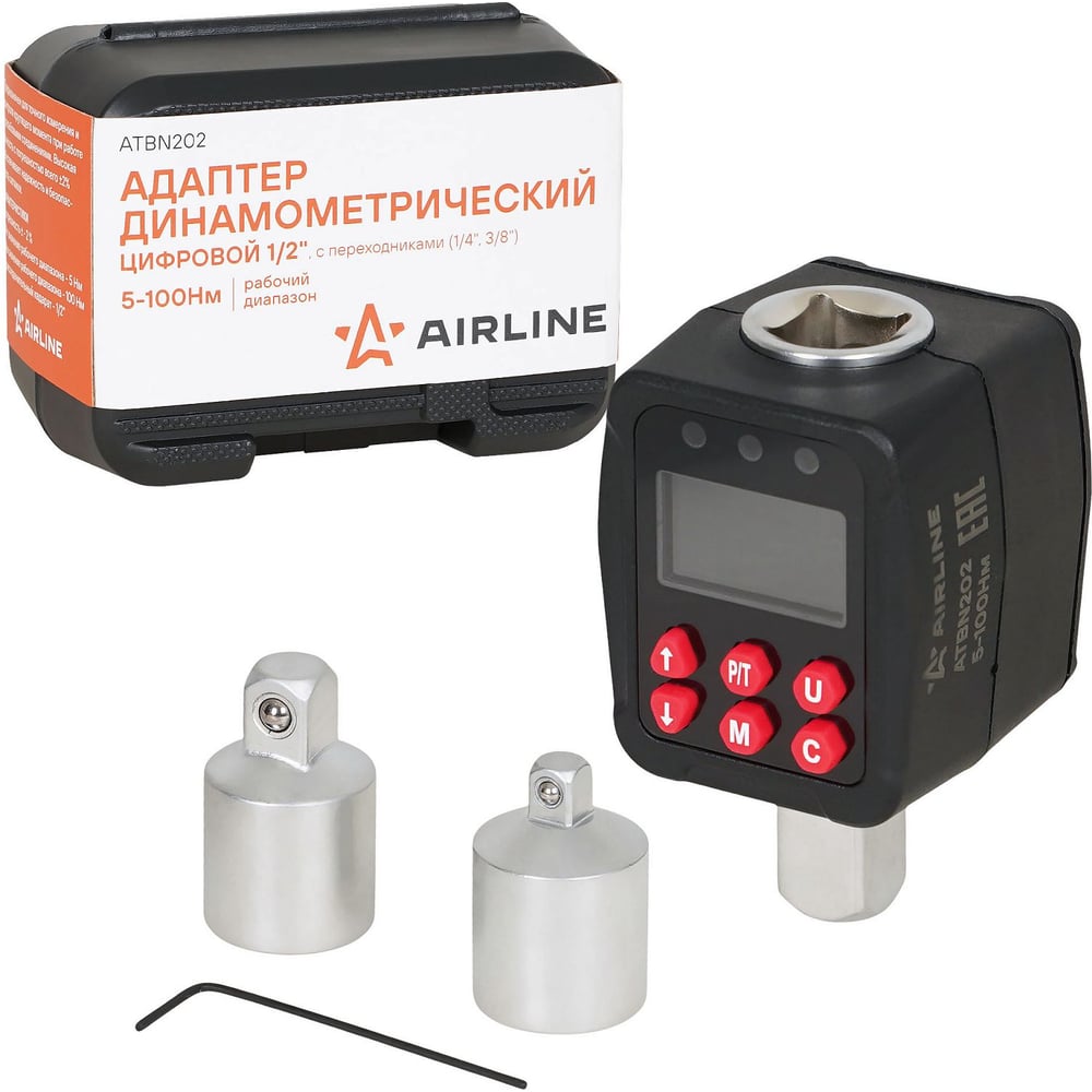 Изображение товара Адаптер динамометрический цифровой AIRLINE 1/2 5-100Нм, с переходниками,1/4, 3/8, кейс ATBN202