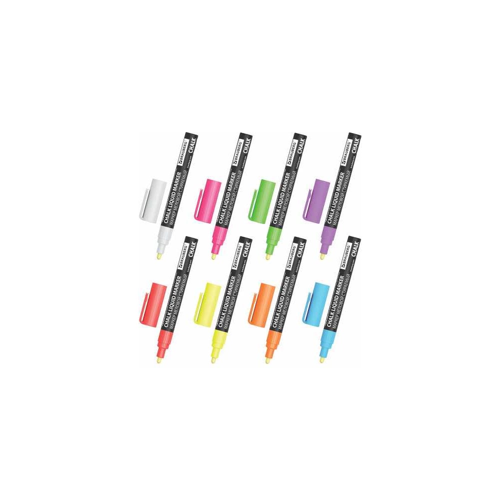 Изображение товара Маркеры меловые BRAUBERG CHALK LIQUID MARKER, НЕОН НАБОР 8 ЦВ, 3 мм, стираемые, CHALK 152597