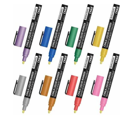 Изображение товара Маркеры меловые BRAUBERG CHALK LIQUID MARKER, МЕТАЛЛИК НАБОР 8 ЦВ, 3 мм, стираемые, CHALK 152599