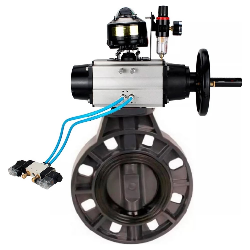 Изображение товара Затвор DN.ru НПВХ-НПВХ-E-2W-Fb-ISO Дн65 Ру10 пневмопривод дисковый PVC-U