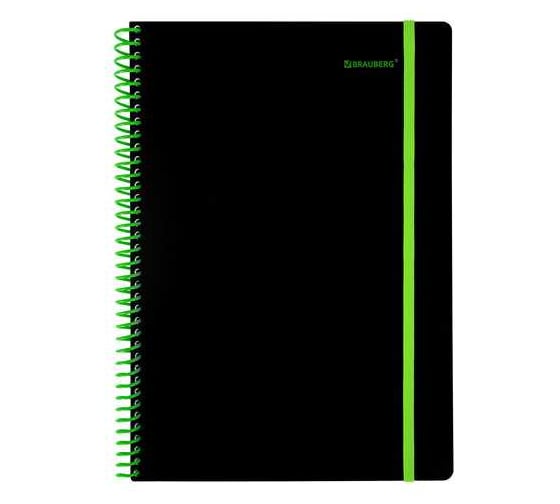 Изображение товара Тетрадь-обложка BRAUBERG пластик А4 80л. спираль пластик, резинка, клетка, черный/зеленый 405383