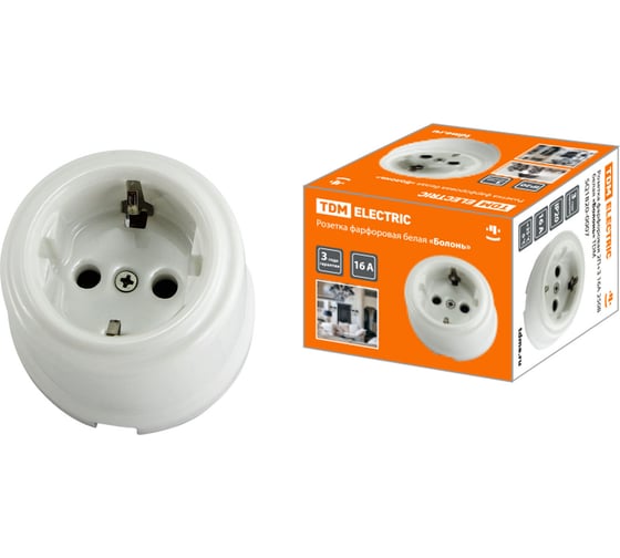 Изображение товара Розетка TDM ELECTRIC фарфоровая 2П+З 16А 250В белая «Болонь» SQ1820-0007
