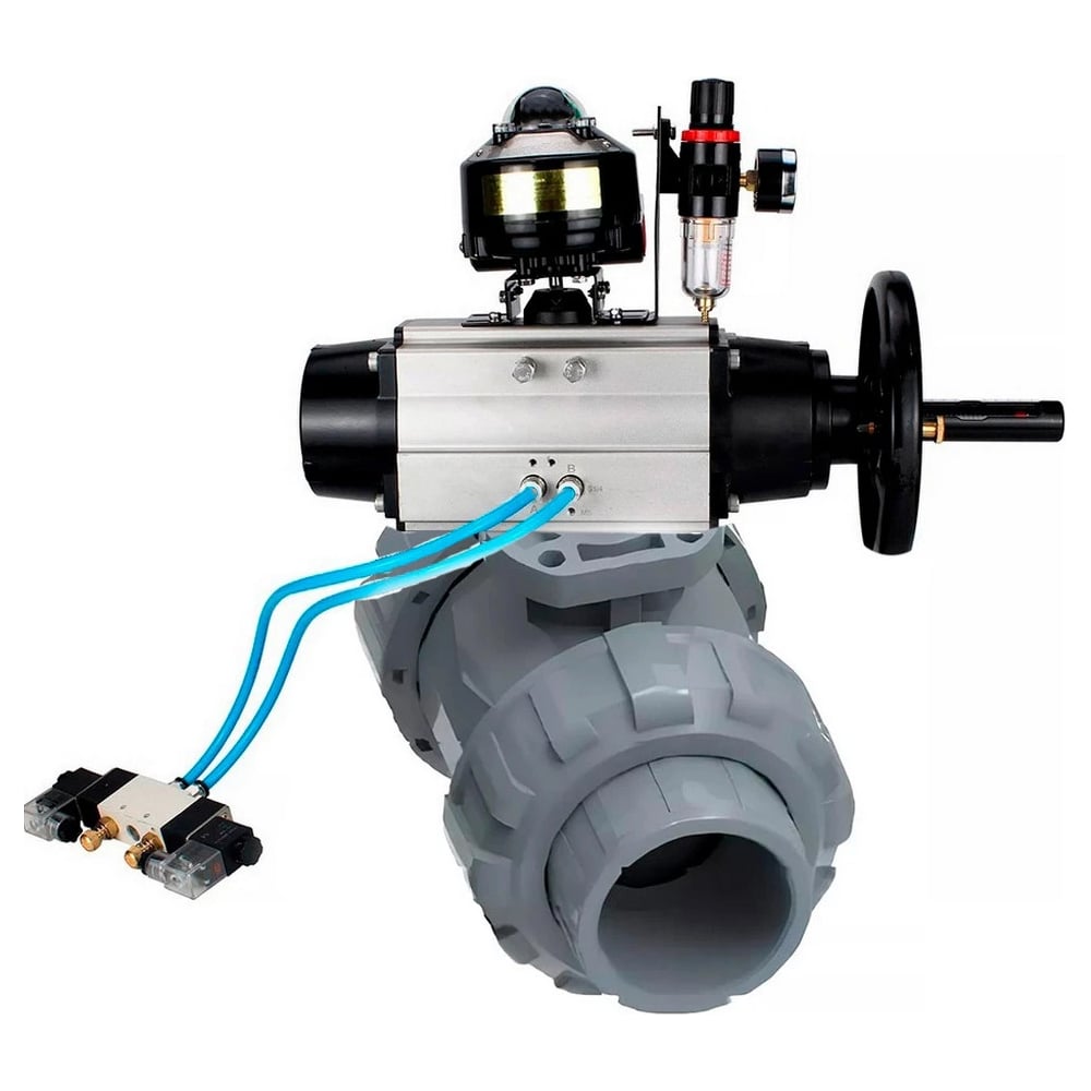 Изображение товара Кран шаровой DN.ru НПВХ-НПВХ-E-FP-GRM-ISO Дн32 Ру10 с пневмоприводом