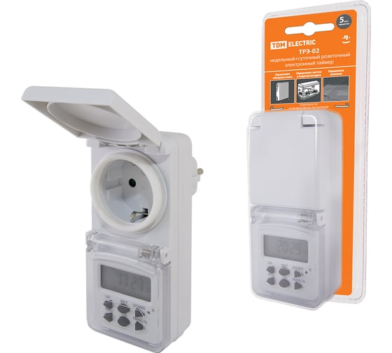 Изображение товара Розеточный таймер TDM ELECTRIC ТРЭ-02-1 мин/7дн-10on/off-8А-IP44 недельный, защита от влаги SQ1506-0005