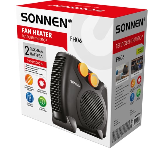 Изображение товара Тепловентилятор SONNEN FH06, 1000/2000 Вт,2 режима нагрева,режим вентиляции,черный/оранжевый 457781