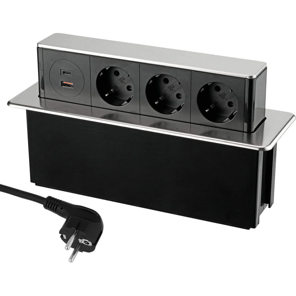 Изображение товара Встраиваемая выдвижная розетка Inrior MAGNUM-80 с USB и EURO для столешницы