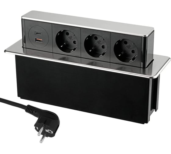 Изображение товара Встраиаемая выдвижная розетка для столешницы Inrior на 3 EURO и 2 USB A+C, блок розеток скрытой установки MAGNUM-80