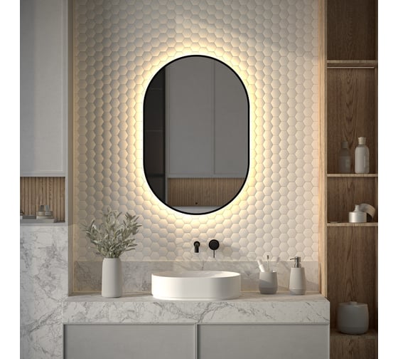 Изображение товара Зеркало с окантовкой и LED-подсветкой DEFESTO 25W, 60x90 см, ИК - выключатель, Теплый белый свет AURA DF 2935R