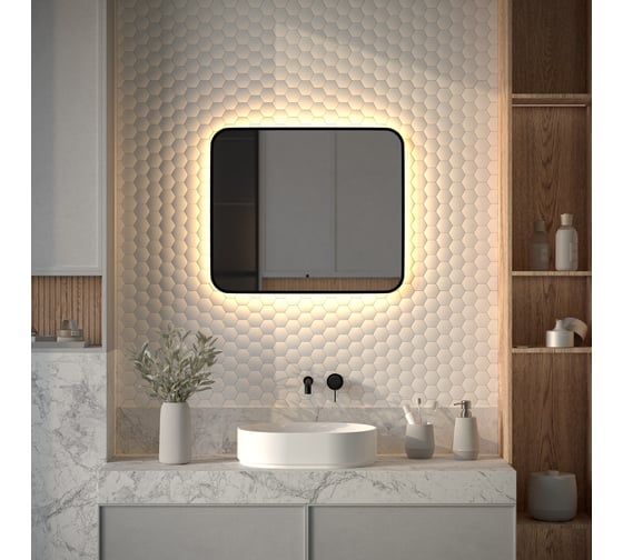 Изображение товара Зеркало с окантовкой и LED-подсветкой DEFESTO 23W, 70x60 см, ИК - выключатель, Теплый белый свет AURA DF 2976RH