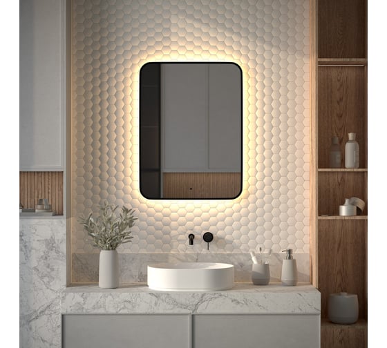 Изображение товара Зеркало с окантовкой и LED-подсветкой DEFESTO 25W, 60x80 см, ИК - выключатель, Теплый белый свет AURA DF 2977R