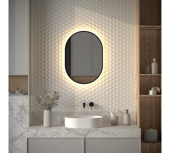 Изображение товара Зеркало с окантовкой и LED-подсветкой DEFESTO 19W, 50x70 см, Без выключателя, Теплый белый свет AURA DF 2933