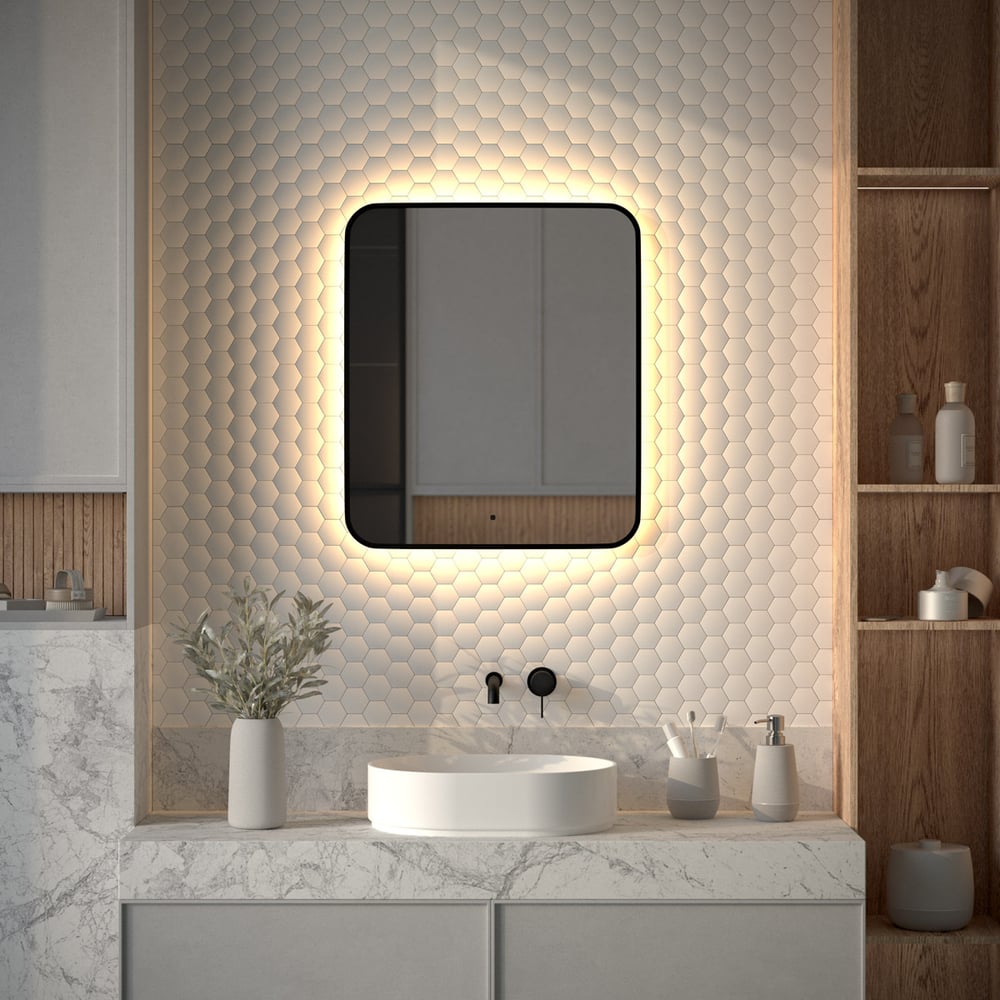 Зеркало с окантовкой и LED-подсветкой DEFESTO 23W, 60x70 см, ИК - выключатель, Теплый белый свет AURA DF 2976R