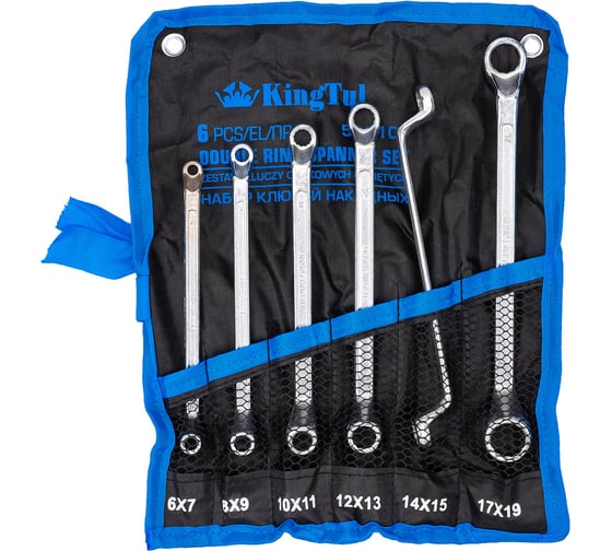 Изображение товара Ключи накидные KingTul отогнутые на 75 градусов, набор 6 предметов (6х7, 8х9, 10х11, 12х13, 14х15, 17х19мм) KT-50610P(63049)
