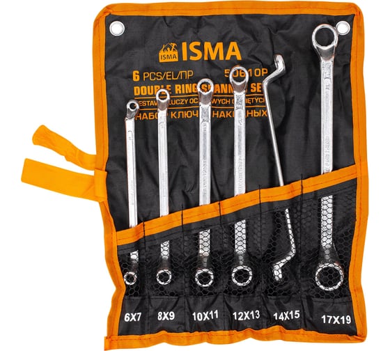 Изображение товара Ключи накидные ISMA отогнутые на 75 градусов, набор 6 предметов (6х7, 8х9, 10х11, 12х13, 14х15, 17х19мм) -50610P(63046) ISMA-50610P(63046)