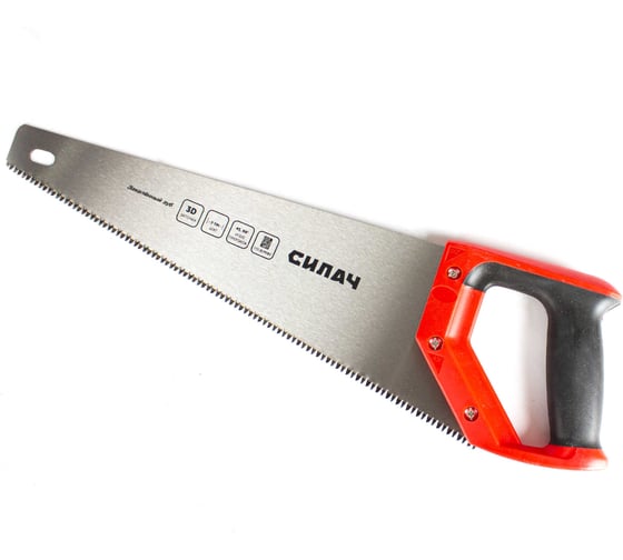 Изображение товара Ножовка по дереву СИЛАЧ 400мм, 7 TPI, универсальная, средний калёный зуб, 3D-заточка, 2х комп рук-ка (12/48) 023672