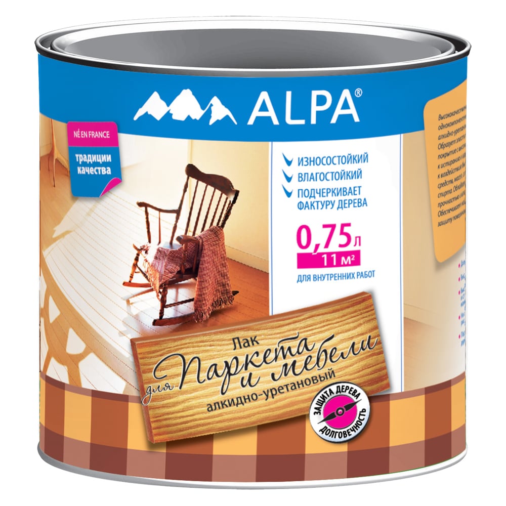 Изображение товара Лак для паркета и мебели ALPA Альпа глянцевый 0,75л быстрый и износостойкий